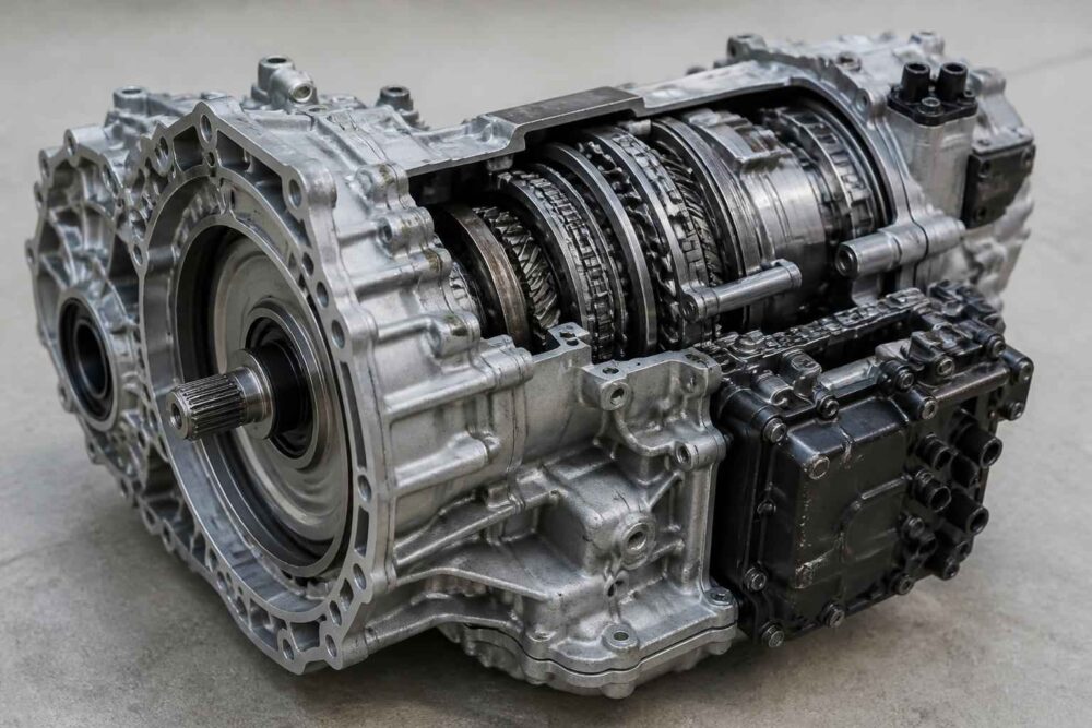 Przekrojona automatyczna skrzynia biegów z widocznymi kołami zębatymi i elementami mechanicznymi