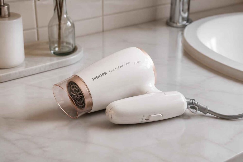 Biała suszarka do włosów Philips leżąca na marmurowym blacie w łazience