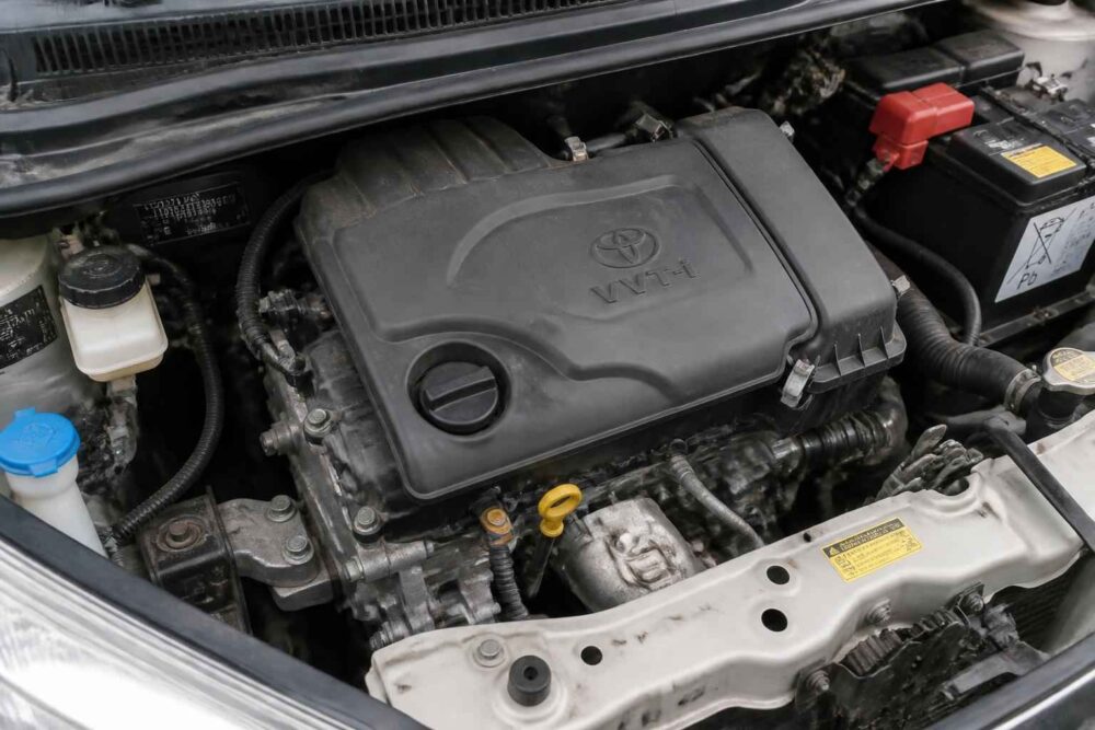 Komora silnika Toyoty z osłoną VVT-i Komora silnika Toyoty z osłoną VVT-i, akumulatorem i widocznym żółtym bagnetem oleju