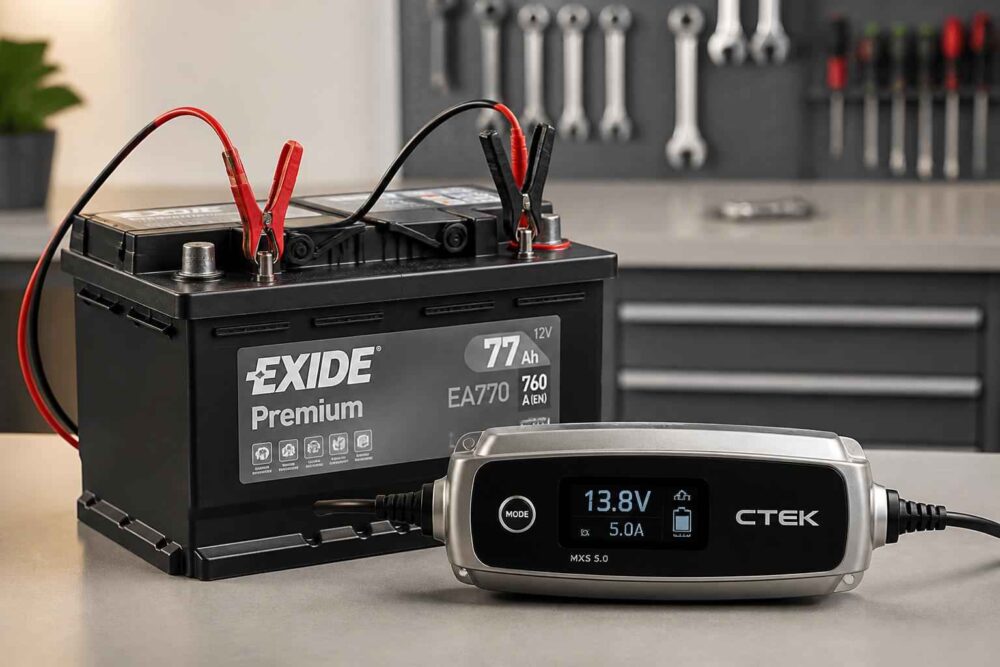 Akumulator Exide Premium podłączony do prostownika CTEK w warsztacie samochodowym
