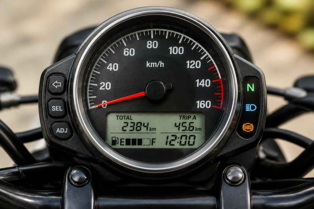 Zbliżenie na licznik motocykla z prędkościomierzem, przebiegiem i wyświetlaczem biegów