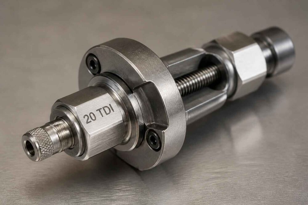 Metalowy element maszynowy z oznaczeniem 20 TDI na stalowej powierzchni