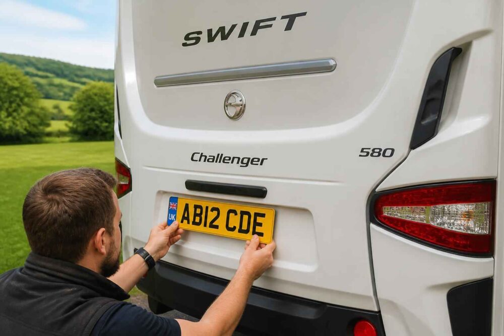 Mężczyzna montuje tylną tablicę rejestracyjną w białym kamperze Swift Challenger 580