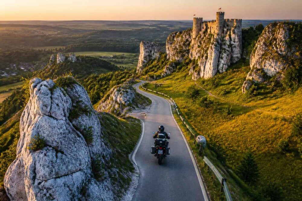 Motocyklista jedzie krętą drogą wśród wapiennych skał, z ruinami zamku na wzgórzu w tle