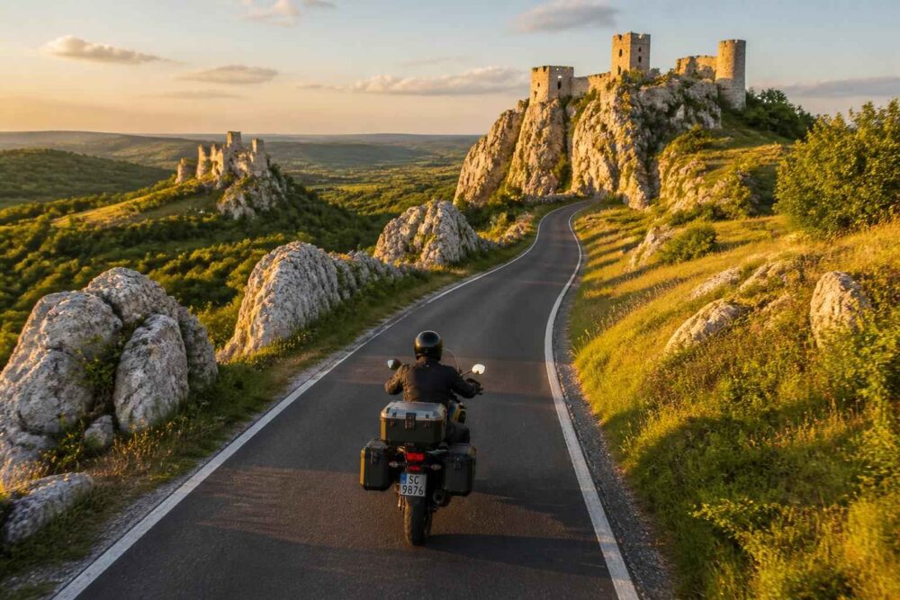 Motocyklista na malowniczej drodze między zamkami Motocyklista przemierza krętą drogę prowadzącą między wapiennymi skałami i średniowiecznymi zamkami