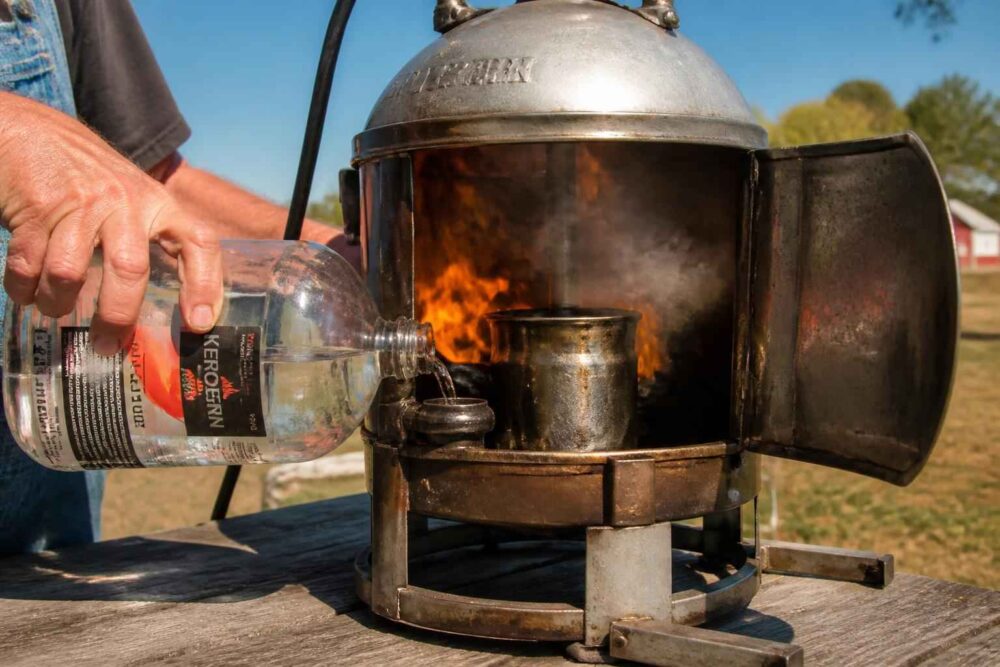 Mężczyzna nalewa alkohol do metalowej kuchenki turystycznej z płomieniem w środku
