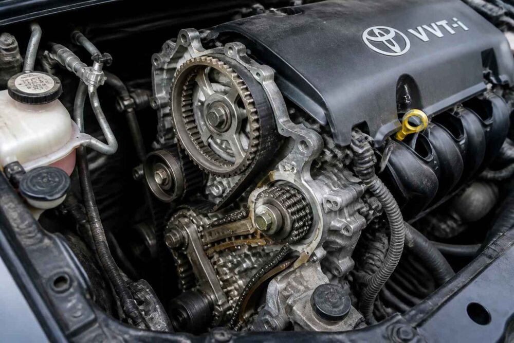 Odkryty silnik Toyoty z widocznym łańcuchem rozrządu i kołami zębatymi