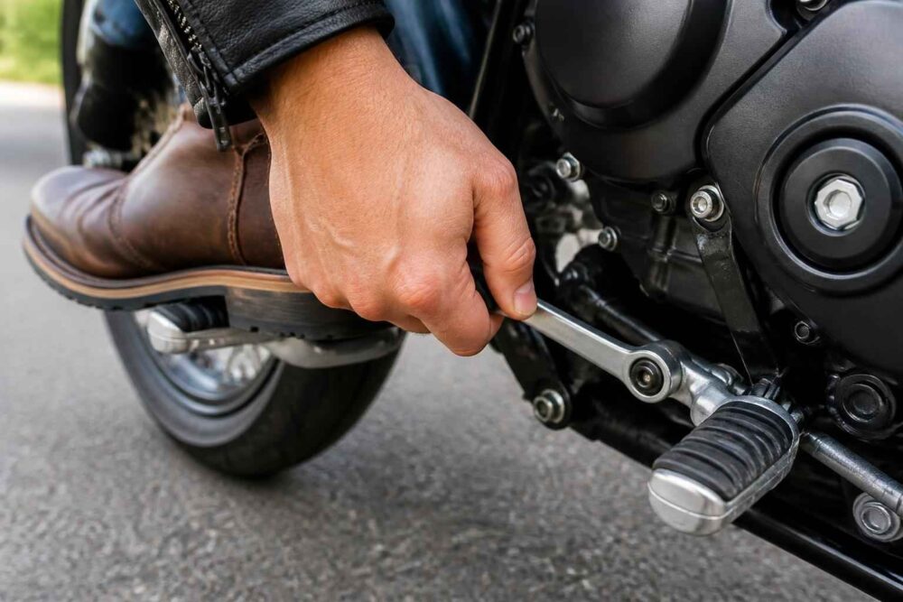 Dłoń motocyklisty reguluje dźwignię zmiany biegów przy silniku motocykla