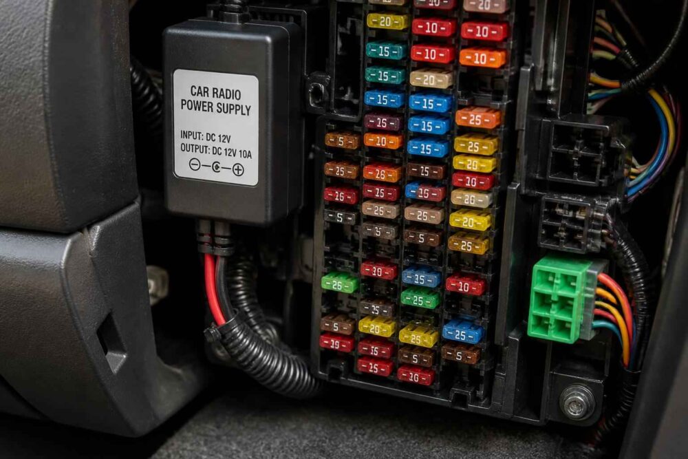 Otwarta skrzynka bezpieczników samochodowych z kolorowymi bezpiecznikami i modułem zasilania radia Car Radio Power Supply