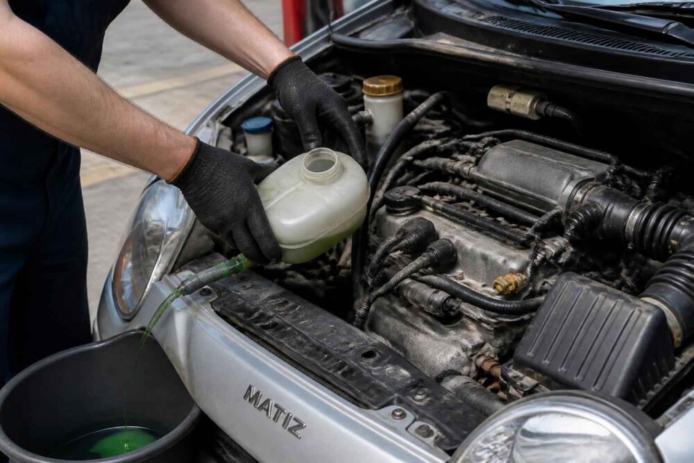 Mechanik w rękawiczkach dolewa płyn chłodniczy do zbiorniczka w komorze silnika Daewoo Matiza