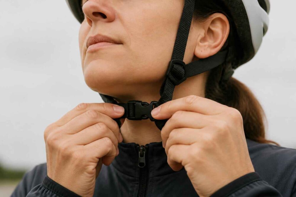 Kobieta zapina pasek kasku rowerowego pod brodą