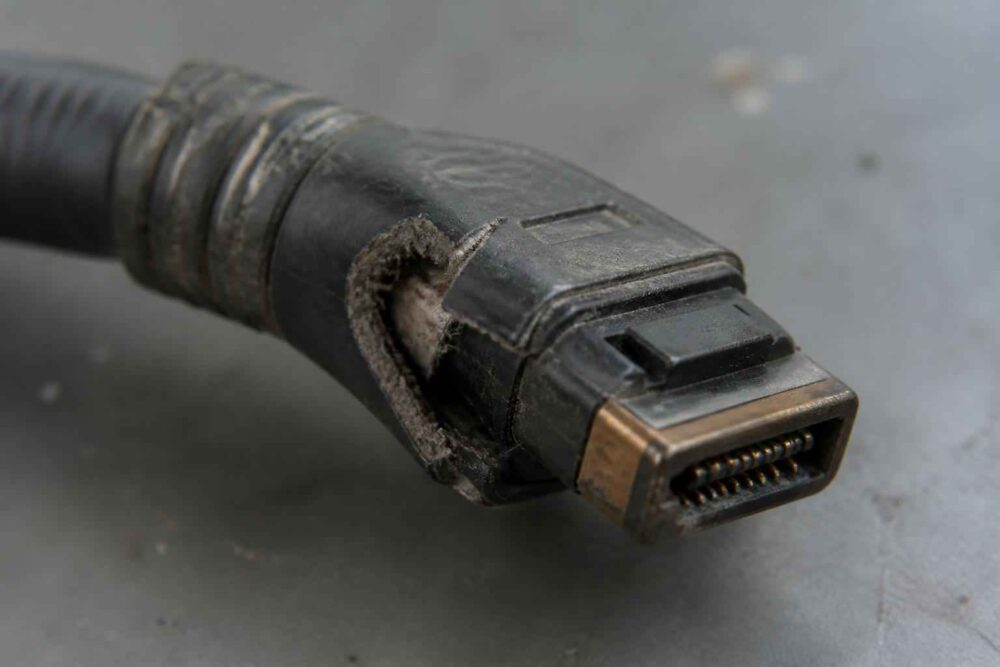 Zbliżenie zużytego przewodu HDMI z widocznymi stykami i uszkodzoną osłoną wtyczki